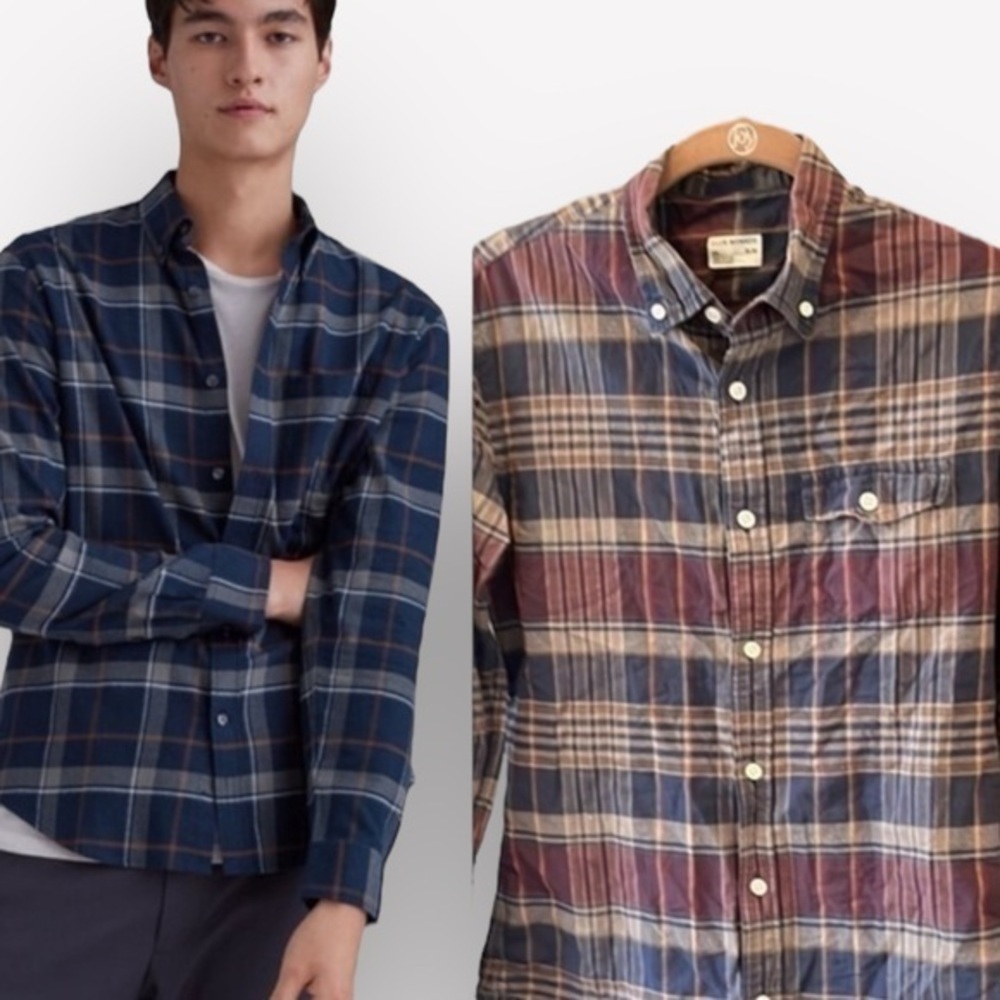 🕺🐠Club Monaco Madras plaid button down shirt XS Slim burgundy blue taupe